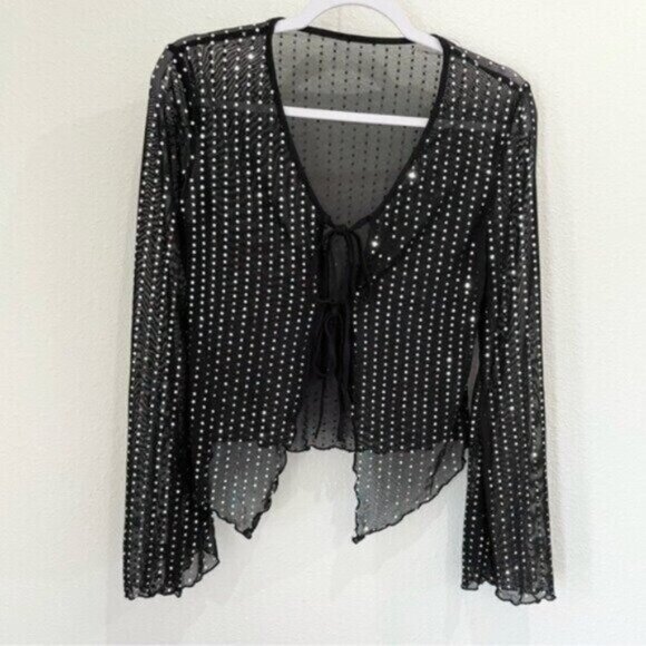 Vintage Whimsigoth Boho Mesh Top Y2K Sequin Front Tie Coquette Lettuce Hem - Picture 1 of 4